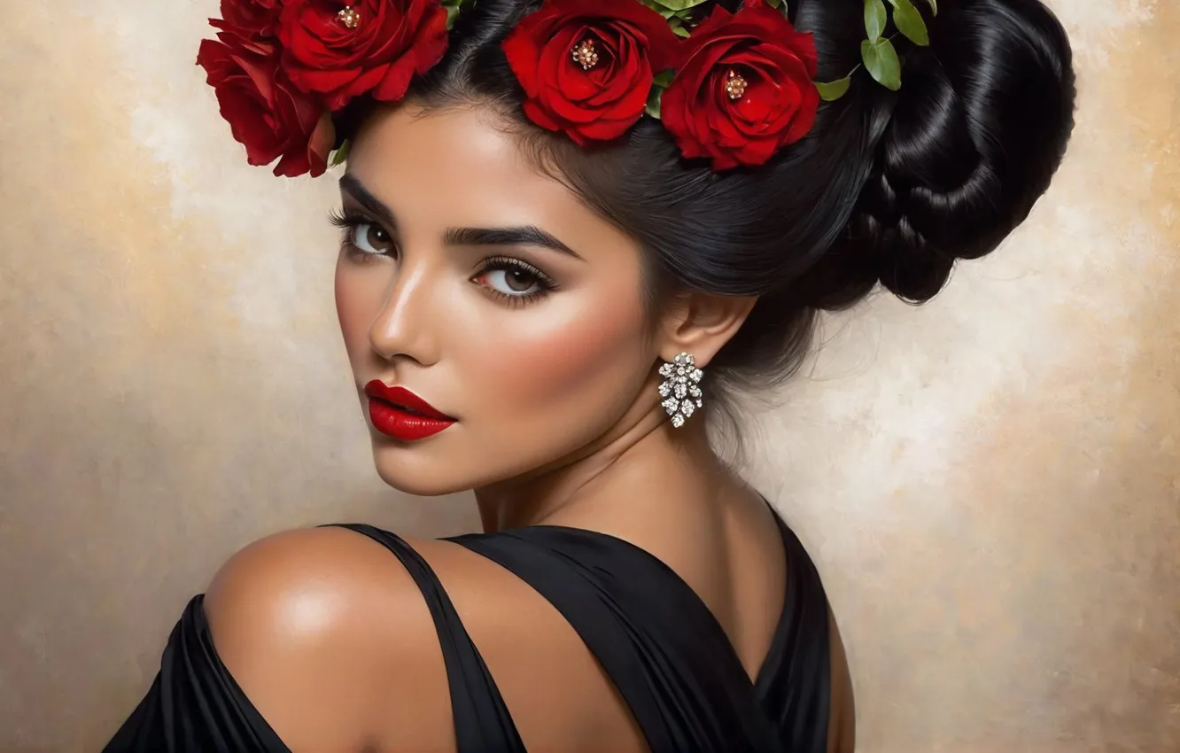 Photo wallpaper look, girl, portrait, roses, hairstyle, shoulders, Neuroart, AI ART