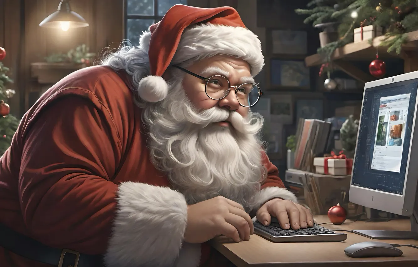 Photo wallpaper computer, room, new year, Christmas, monitor, Santa Claus, Santa Claus, AI art