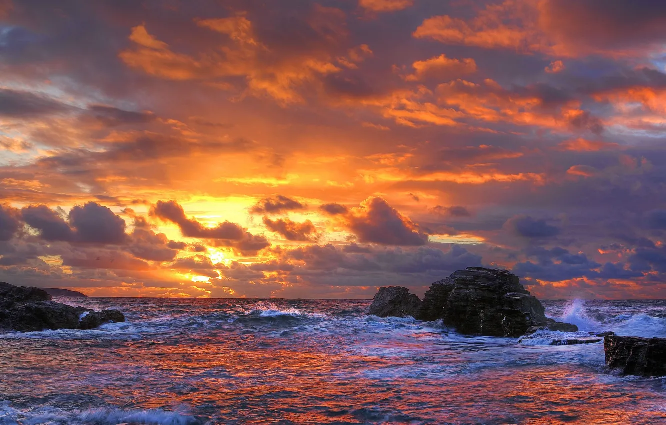 Photo wallpaper sea, sunset, stones, surf