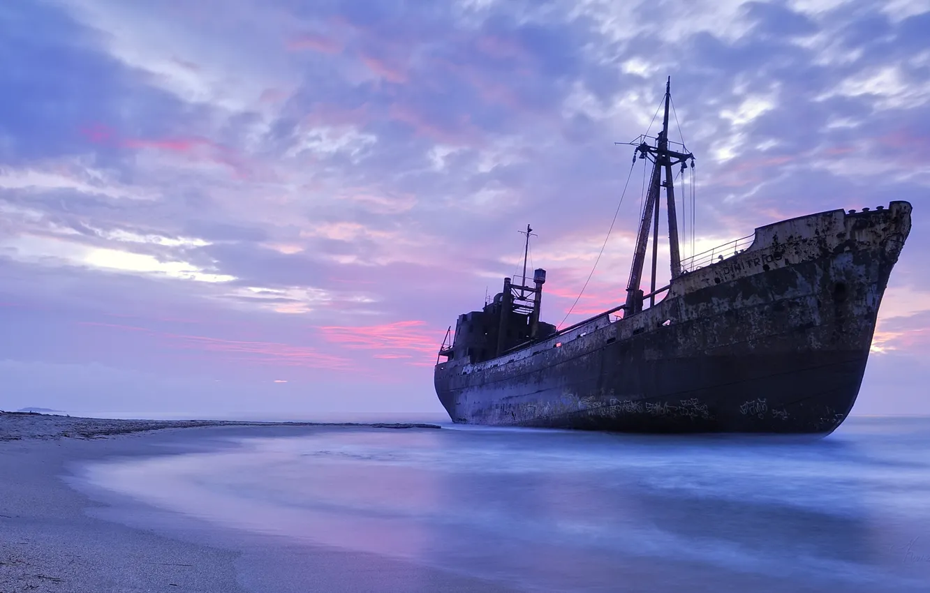 Photo wallpaper sand, sea, beach, the sky, shore, ship, the evening, horizon