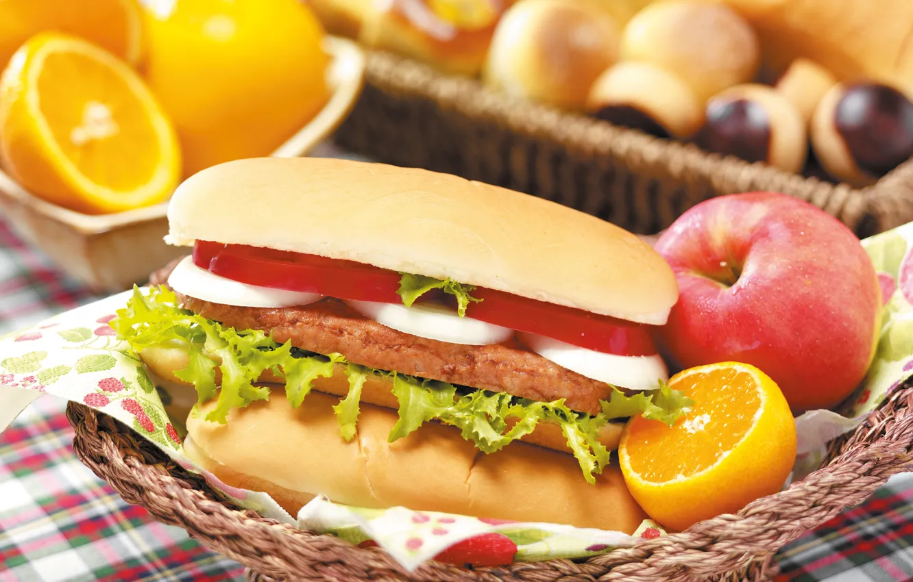 Photo wallpaper greens, apples, orange, pepper, fruit, basket, muffin, cakes