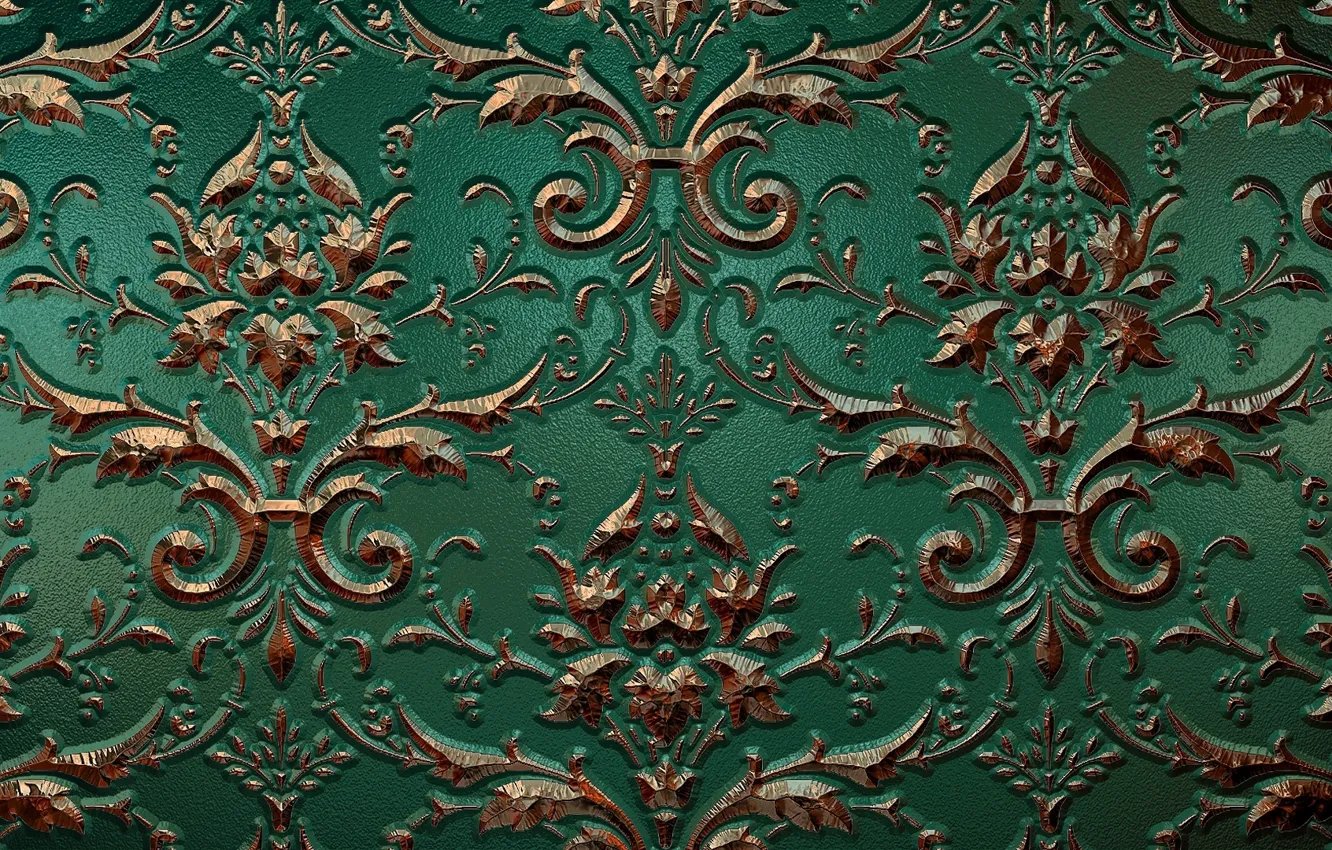 Photo wallpaper metal, pattern, curls, Shine, texture, gold plated, ornament, green background