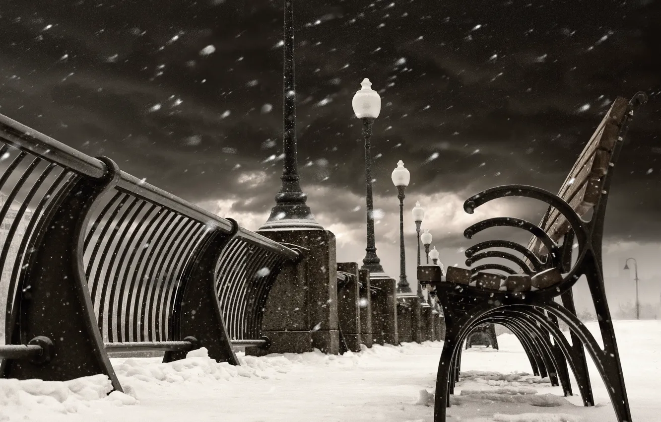 Photo wallpaper winter, snow, the city, Canada, lights, Montreal, Canada, benches