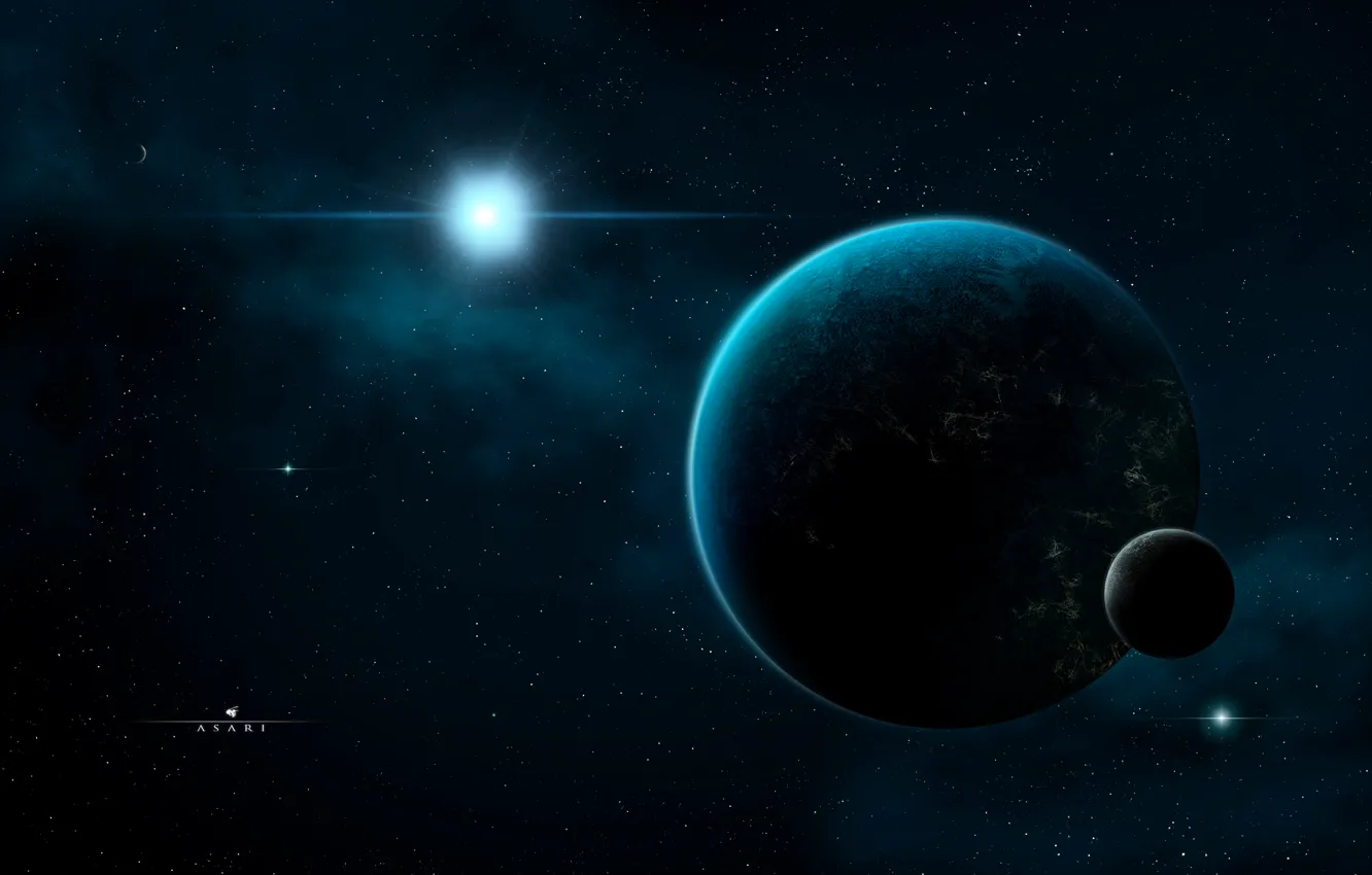 Photo wallpaper space, stars, lights, darkness, planet, satellite