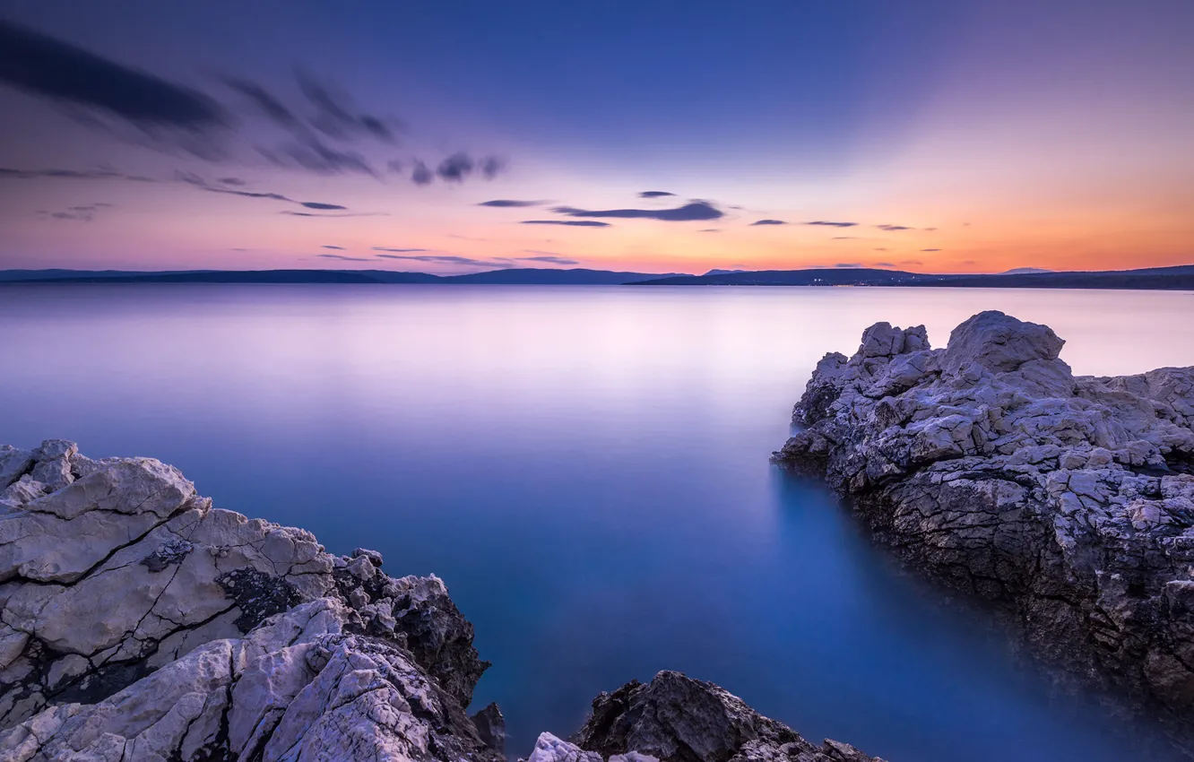 Photo wallpaper the sky, sunset, rocks, coast, Bay, Island of Krk, Coratia, Punat