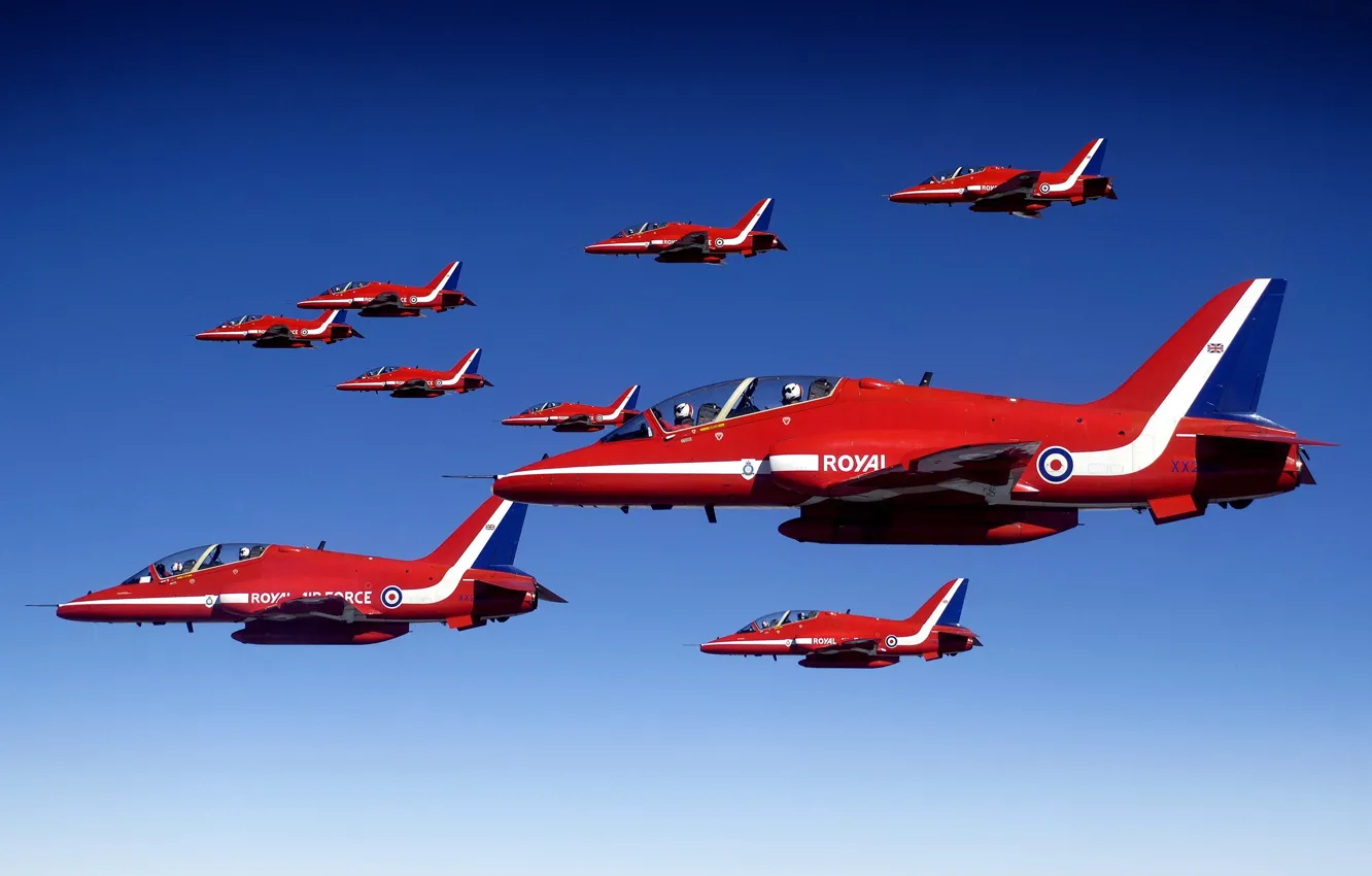 Photo wallpaper Flying, Red Arrows, BaE Hawk, Aerobatic, Formation Flying