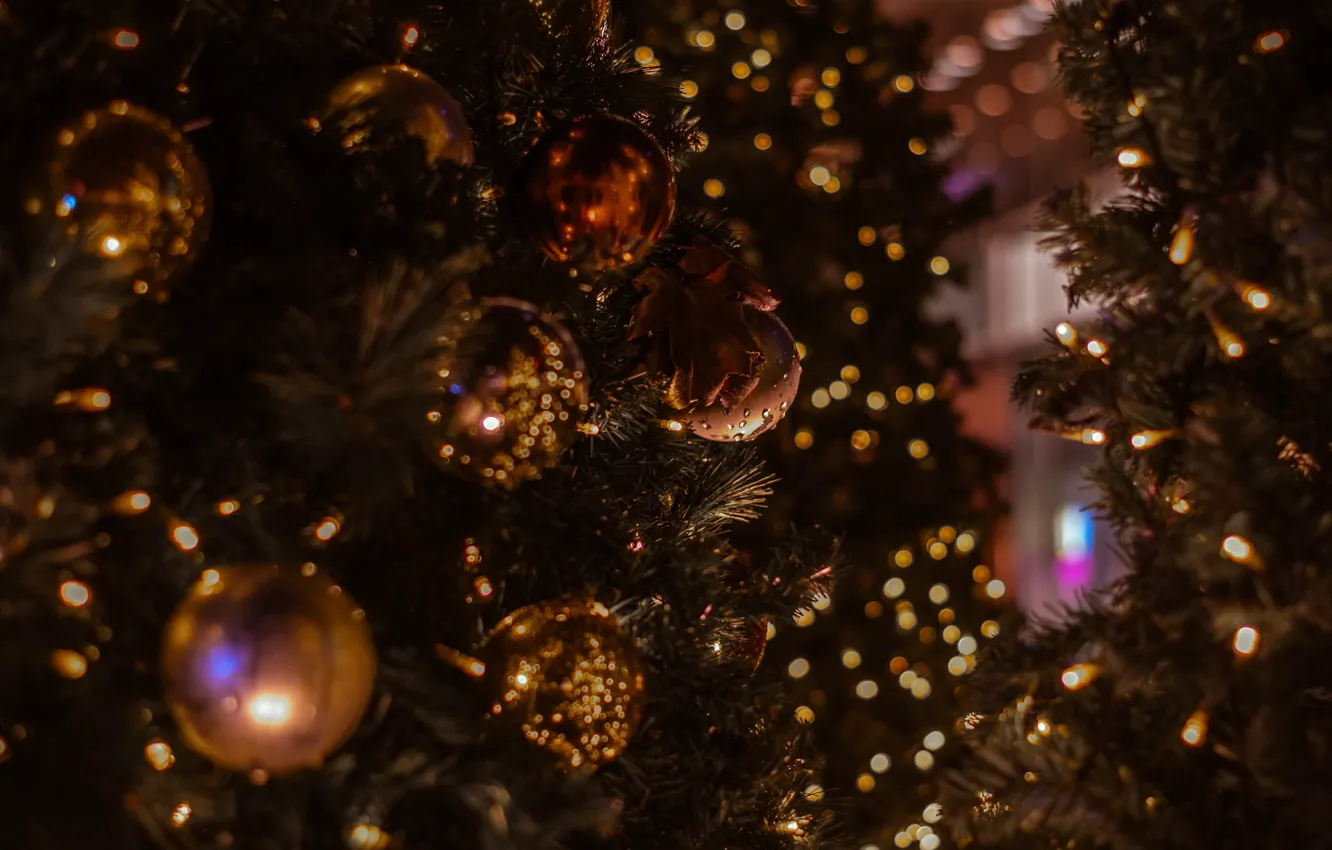 Photo wallpaper balls, holiday, Christmas, New year, tree, gold plated, needles, Christmas decorations