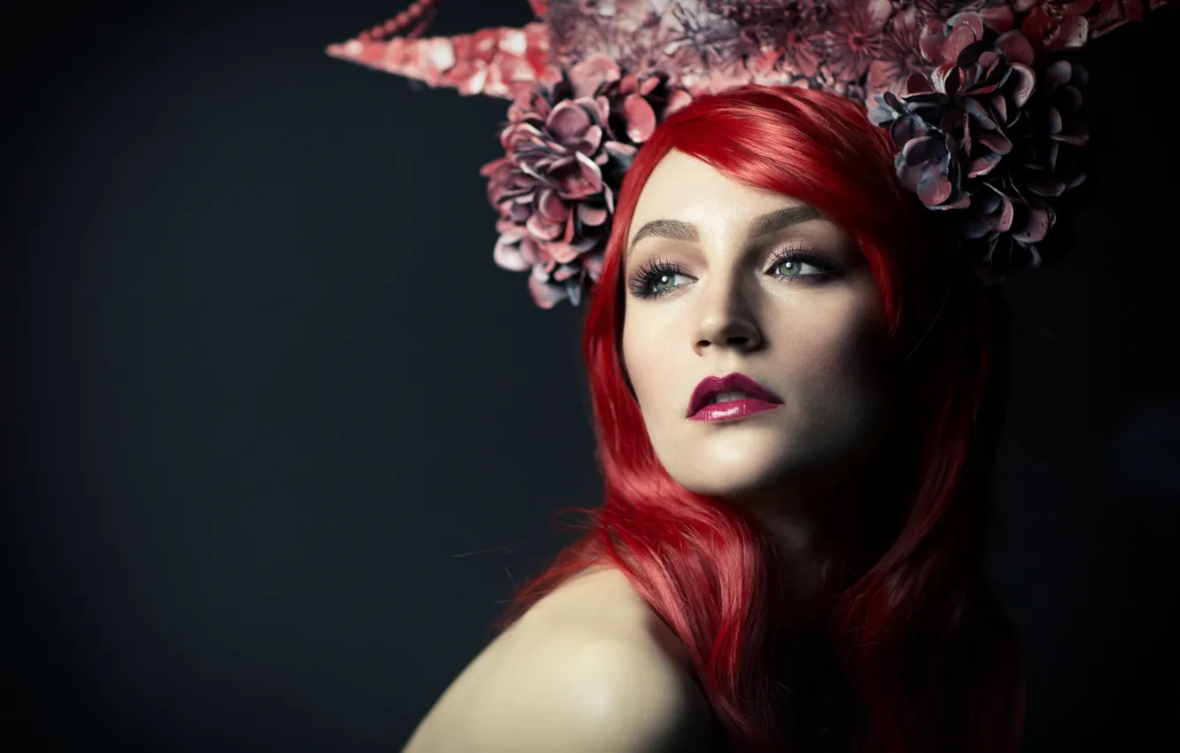 Photo wallpaper portrait, look, flowers, red hair, face, girl, horns, Siegart from Schlichting