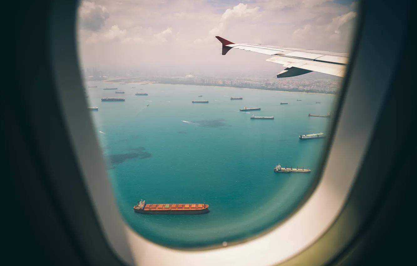 Photo wallpaper Sea, The city, The plane, View, Flight, Court, The window, Singapore