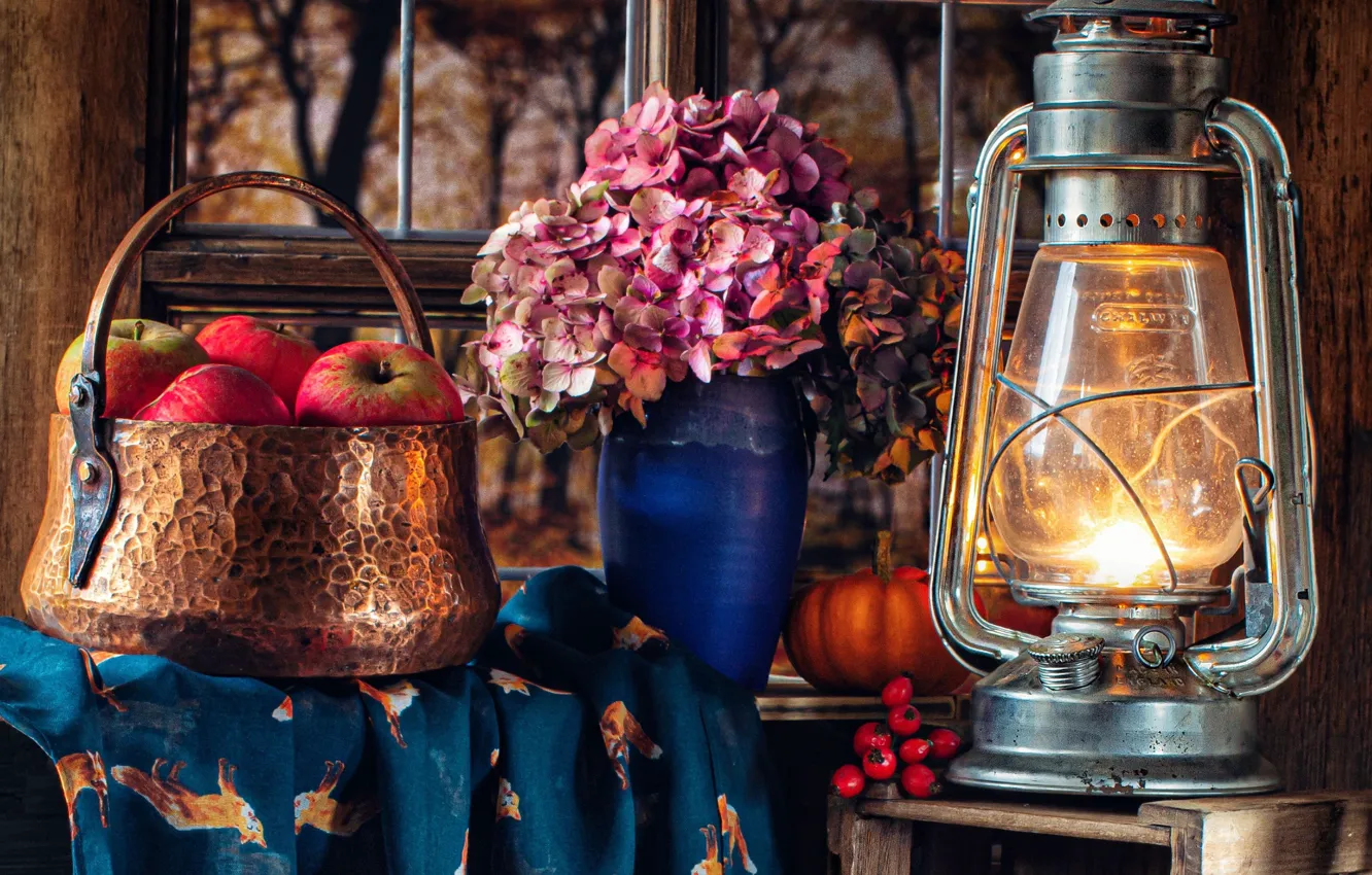 Photo wallpaper flowers, style, apples, lamp, lantern, hydrangea