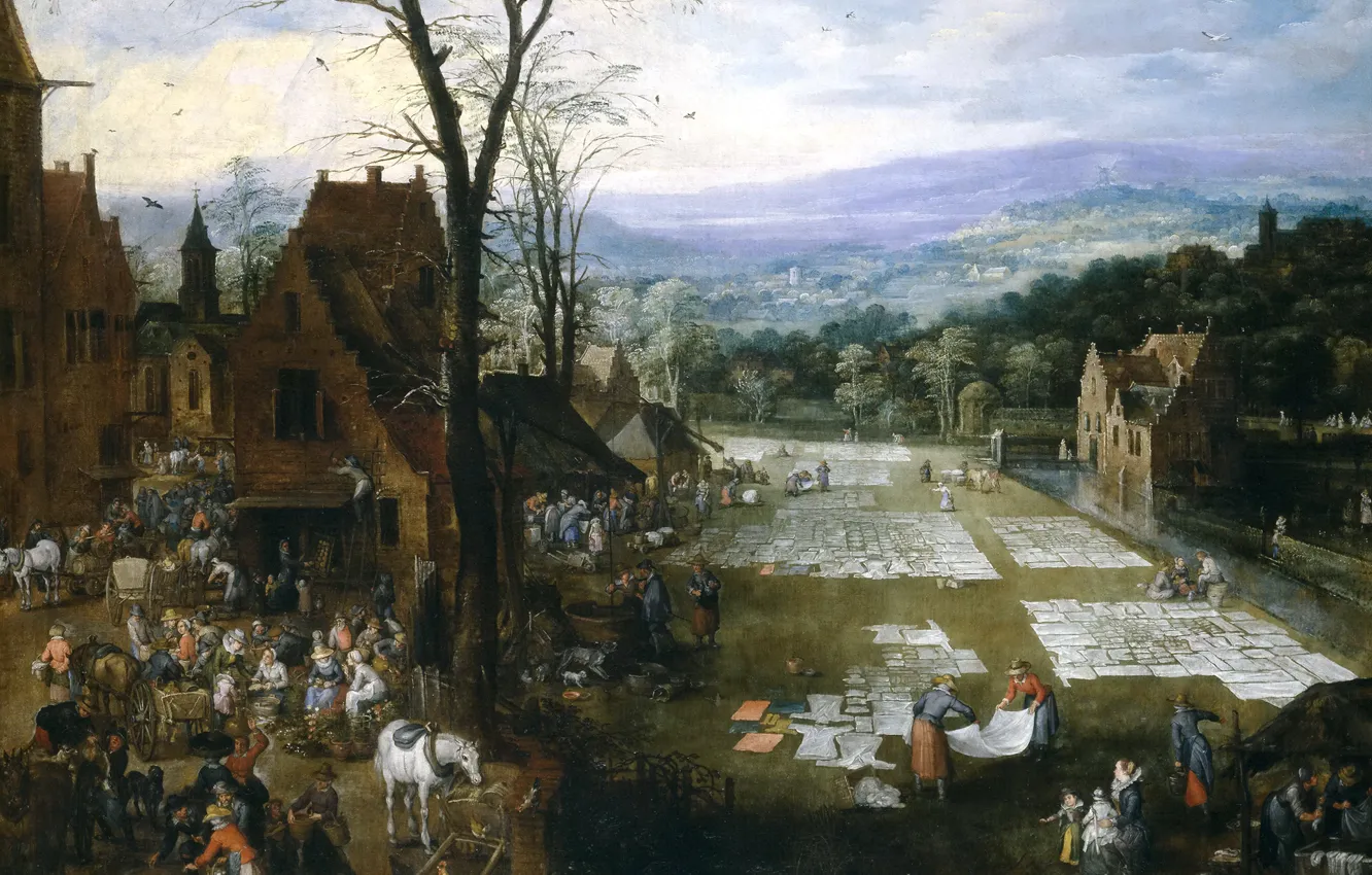 Photo wallpaper picture, genre, Jan Brueghel the elder, The bleaching of the Canvas near the Market in …