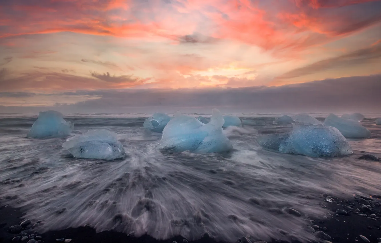 Photo wallpaper ice, winter, sea, wave, the sky, clouds, pebbles, shore