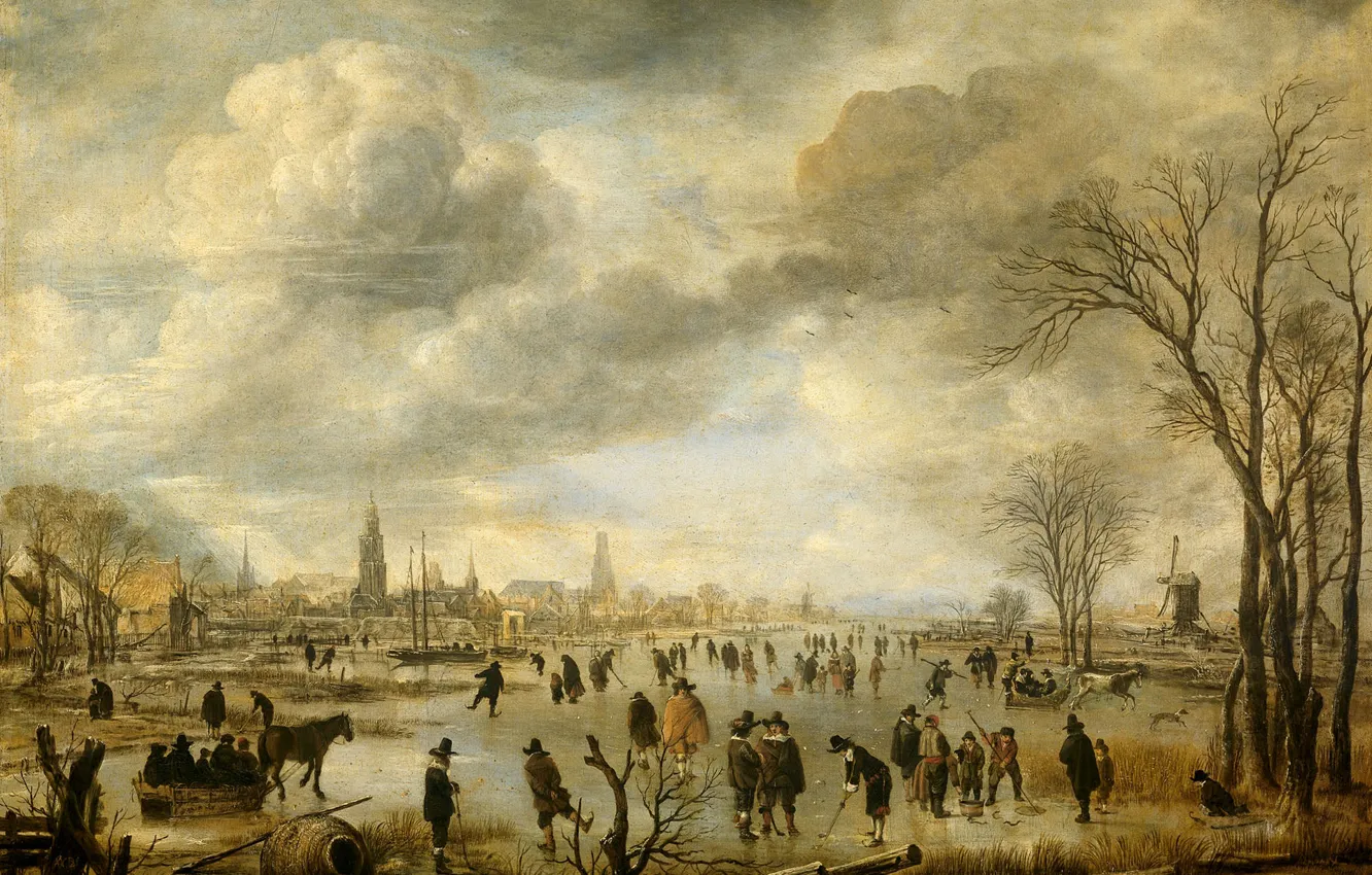 Photo wallpaper landscape, oil, picture, canvas, River view in Winter, Art van der NEER