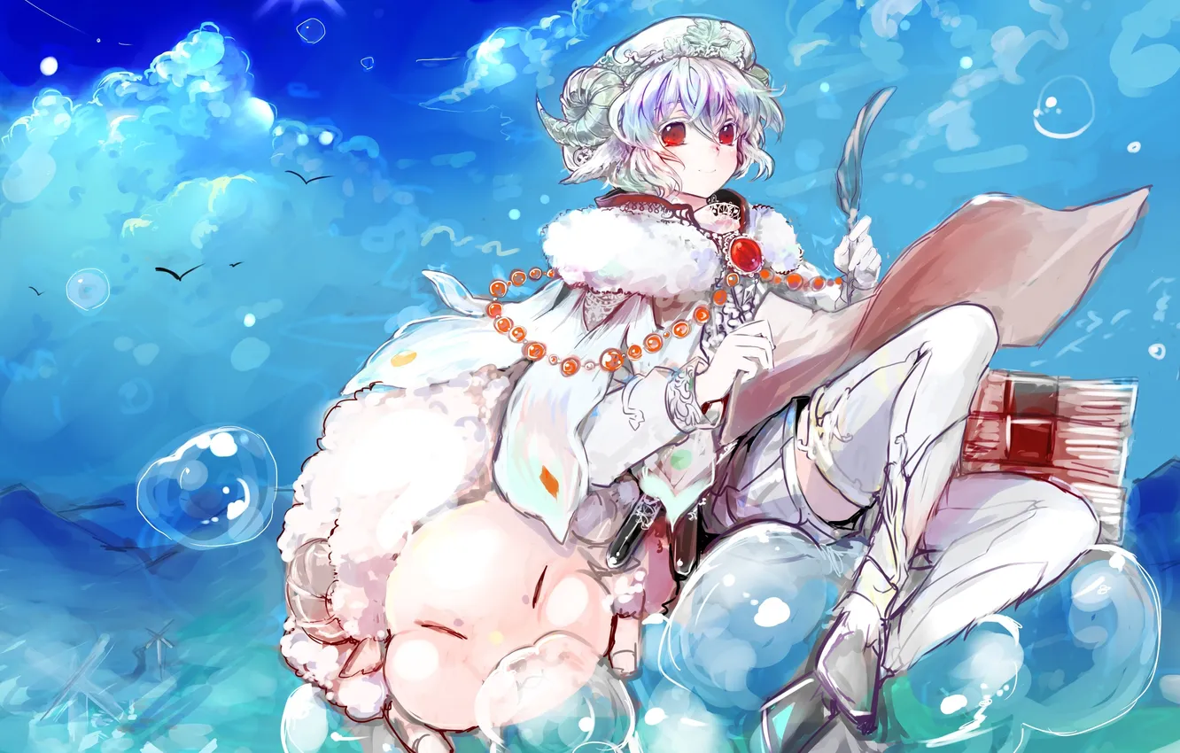 Photo wallpaper the sky, girl, the sun, clouds, bubbles, anime, feathers, art