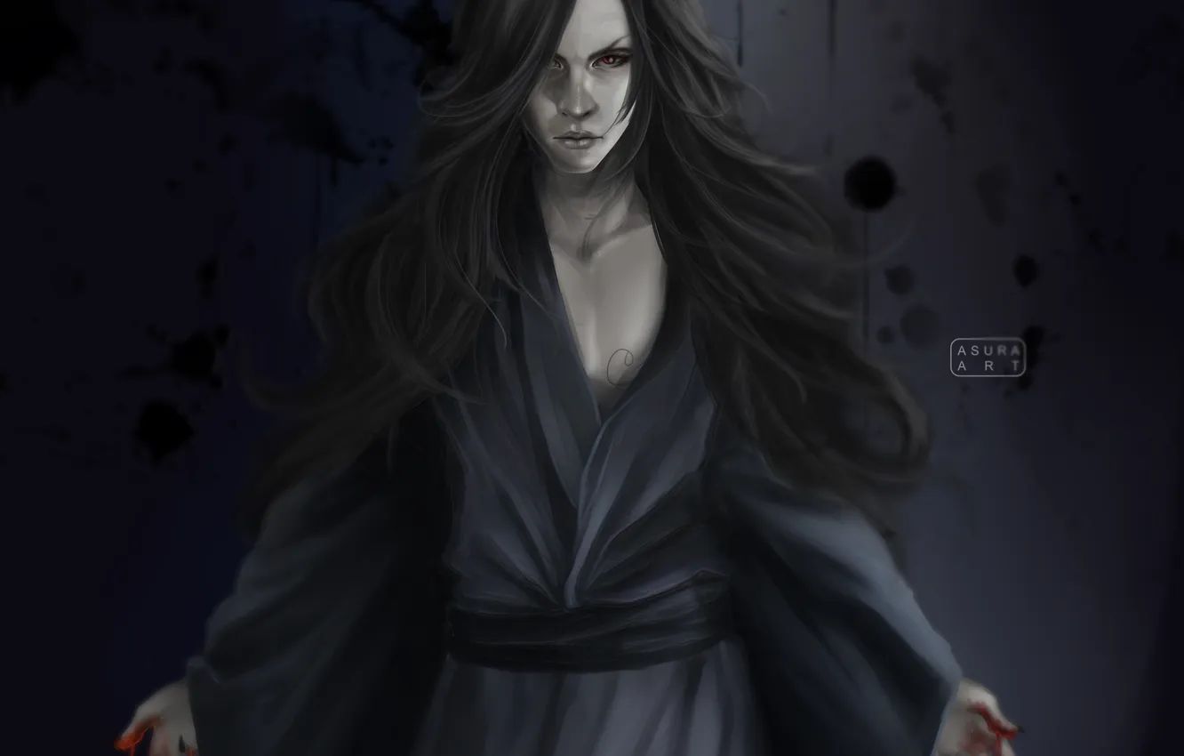 Photo wallpaper blood, hair, the demon, art, blots, guy, red eyes