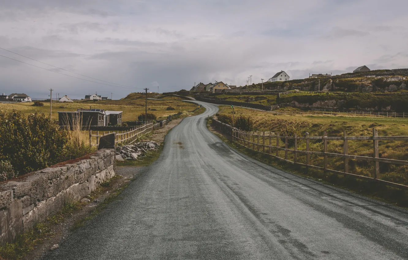 Photo wallpaper road, clouds, the fence, village, rainy, short wall