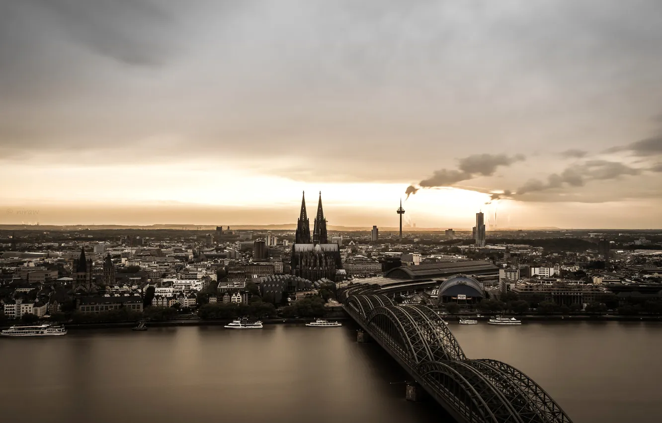 Photo wallpaper bridge, river, smoke, tower, Germany, panorama, Cathedral, Cologne