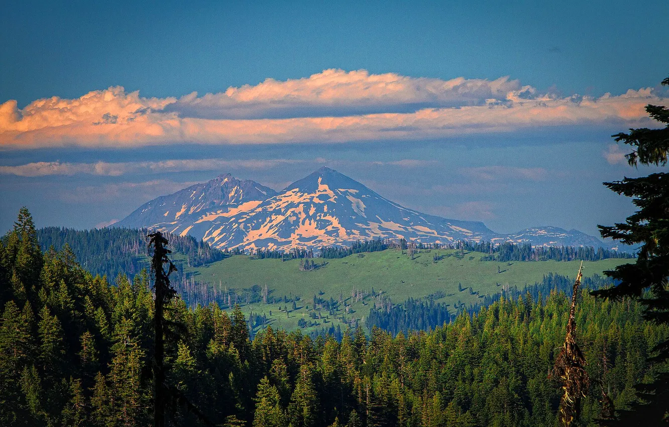 Photo wallpaper the sky, clouds, snow, trees, mountains, valley