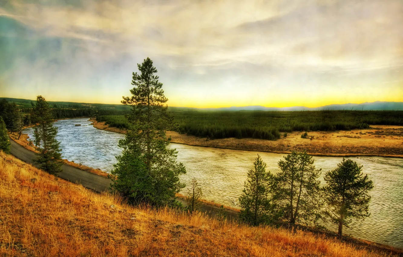 Photo wallpaper grass, landscape, nature, Park, river, HDR, USA, Wyoming