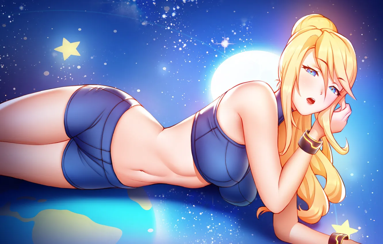 Photo wallpaper anime, blue eyes, blonde, belly, Samus Aran, anime girls, Big boobs, lying on side