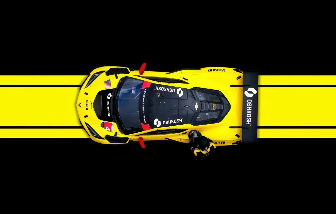 Photo wallpaper Corvette, black, yellow, racecar, Sportcar, dark background, aerial view