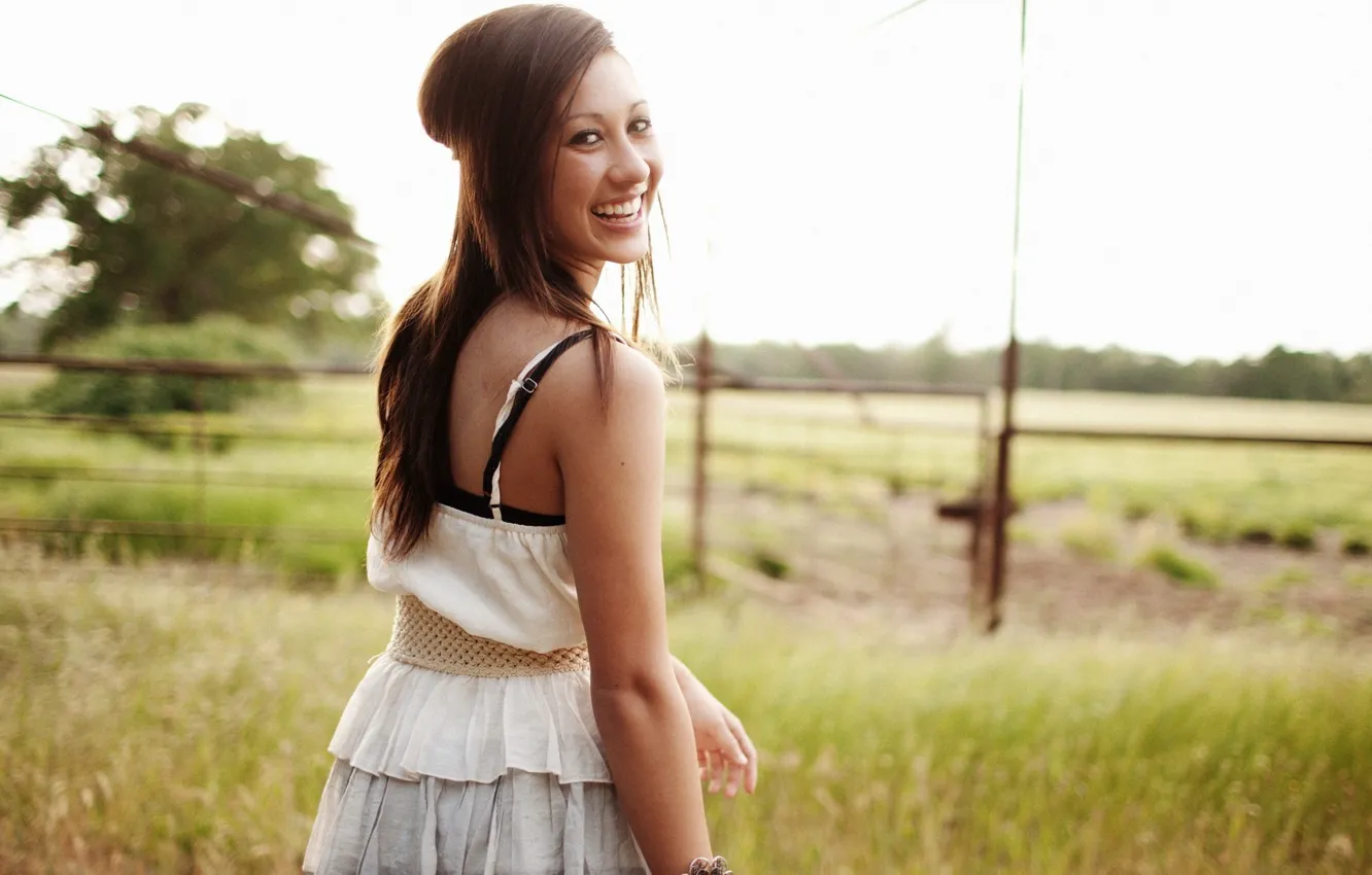 Photo wallpaper girl, smile, laughter, brunette