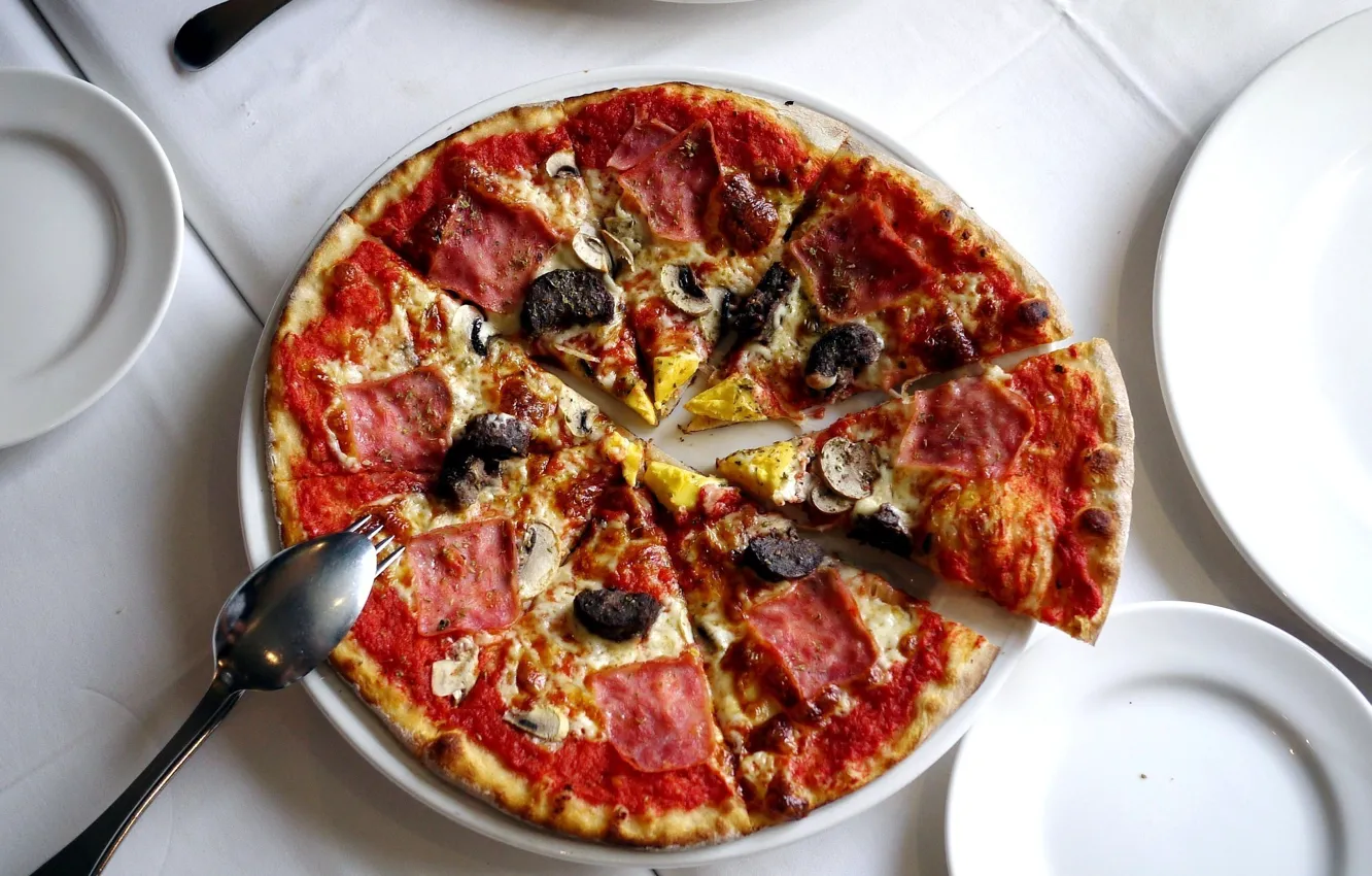 Photo wallpaper mushrooms, food, food, plate, spoon, dishes, plug, pizza