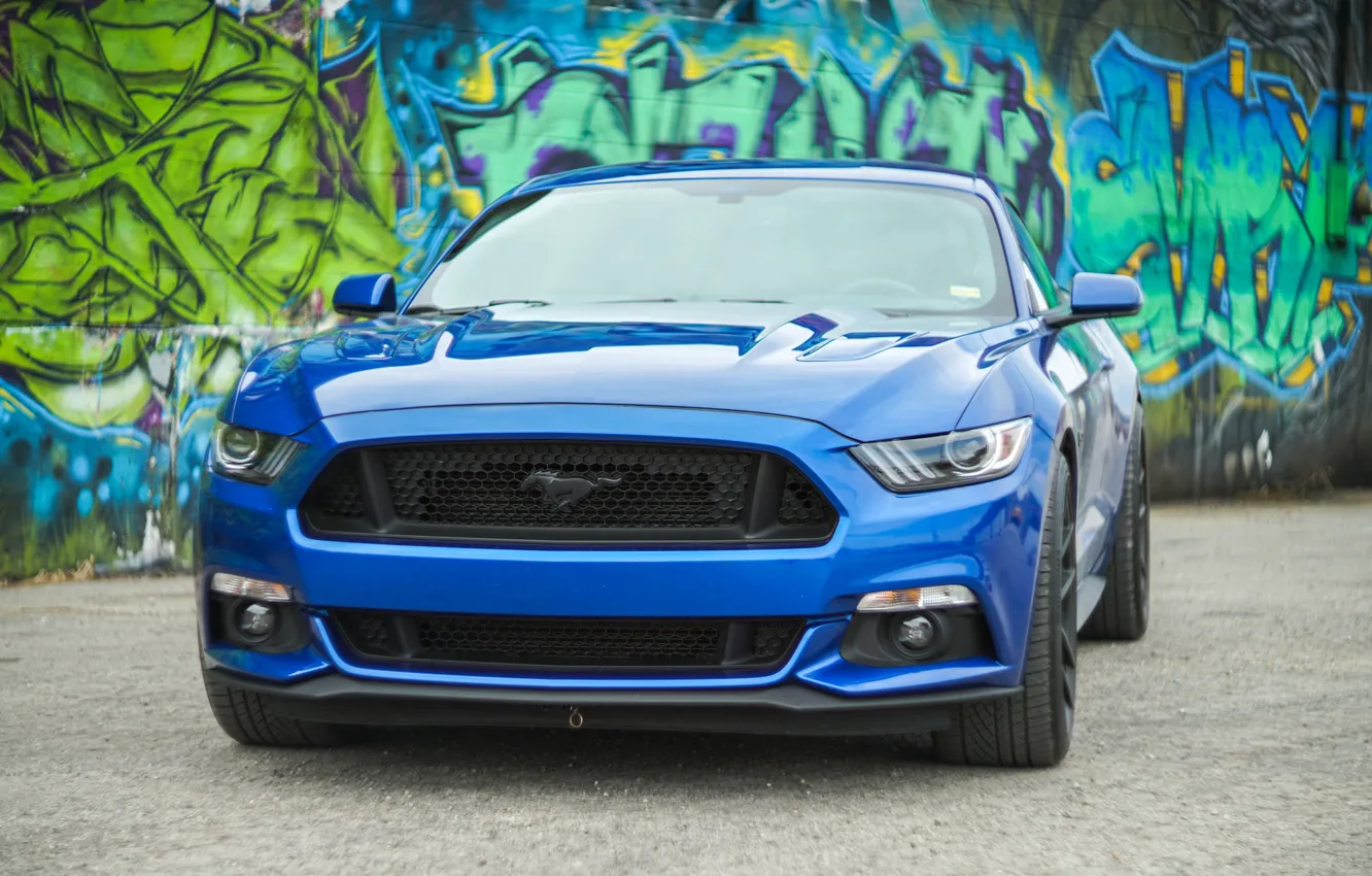 Photo wallpaper blue, design, graffiti, Ford Mustang, the front