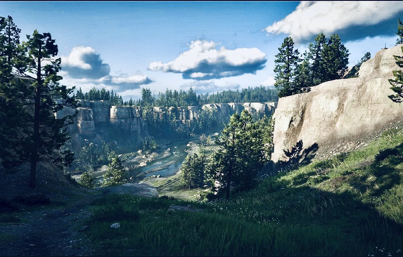 Photo wallpaper HDR, game, river, sky, trees, landscape, clouds, canyon