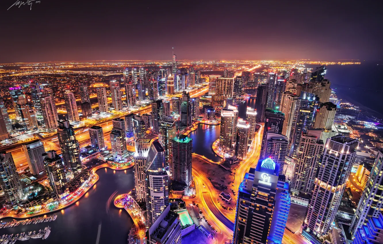 Photo wallpaper night, the city, lights, the evening, excerpt, Dubai, Dubai Marina