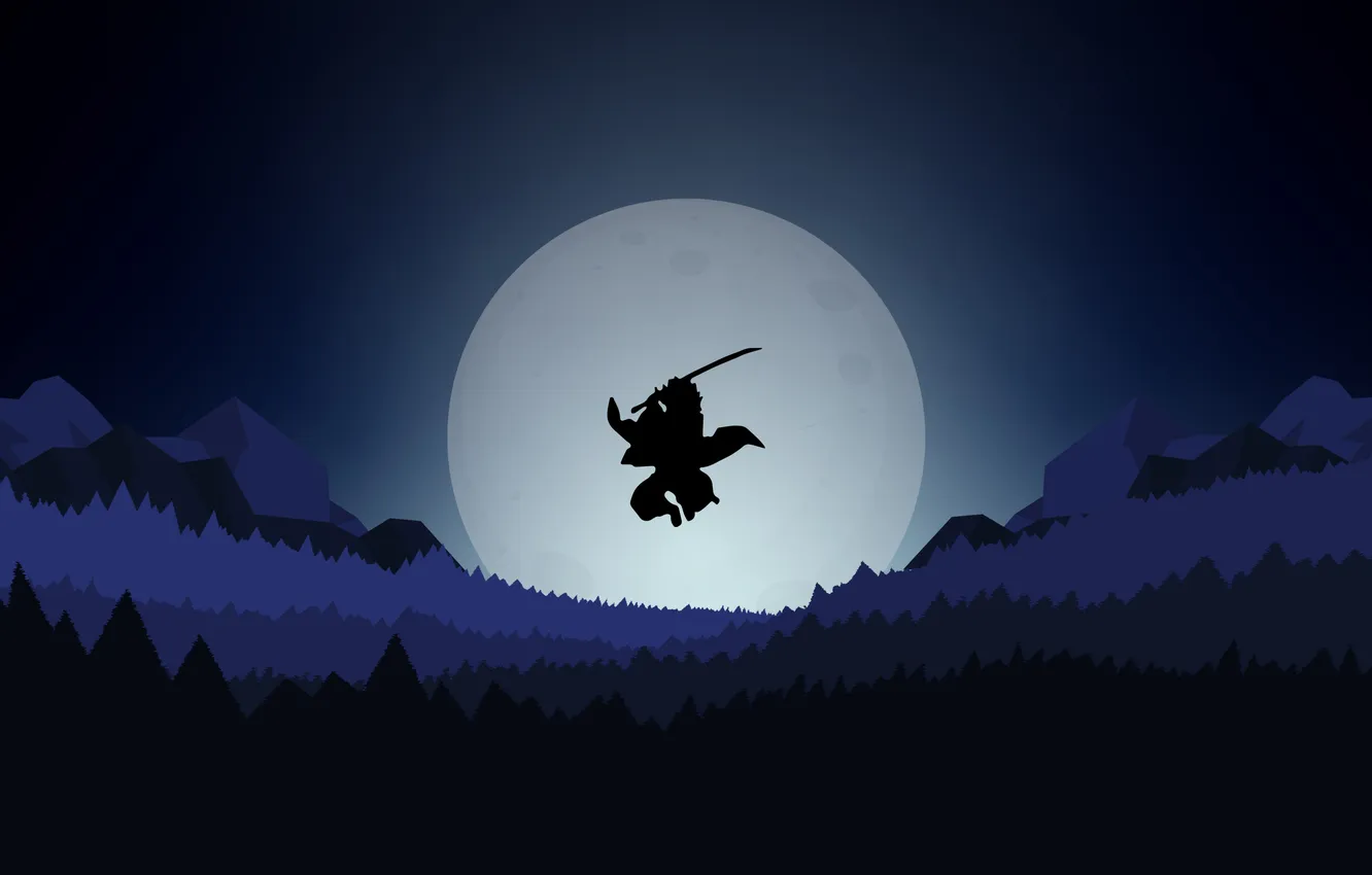 Photo wallpaper forest, landscape, mountains, night, nature, the moon, minimalism, anime