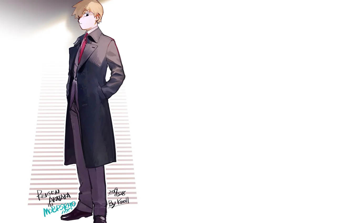 Photo wallpaper white background, male, coat, Mob Psycho 100, Mob psycho 100