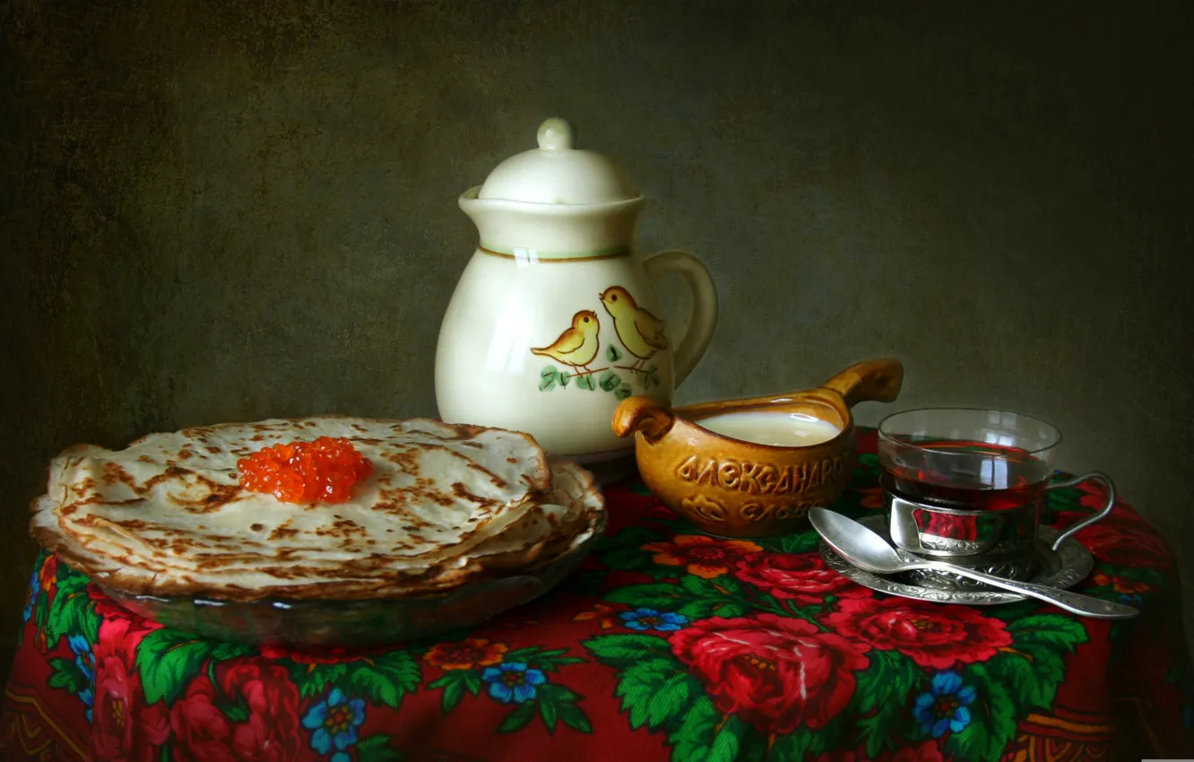 Photo wallpaper tea, texture, dishes, still life, pancakes, shawl, caviar, sour cream