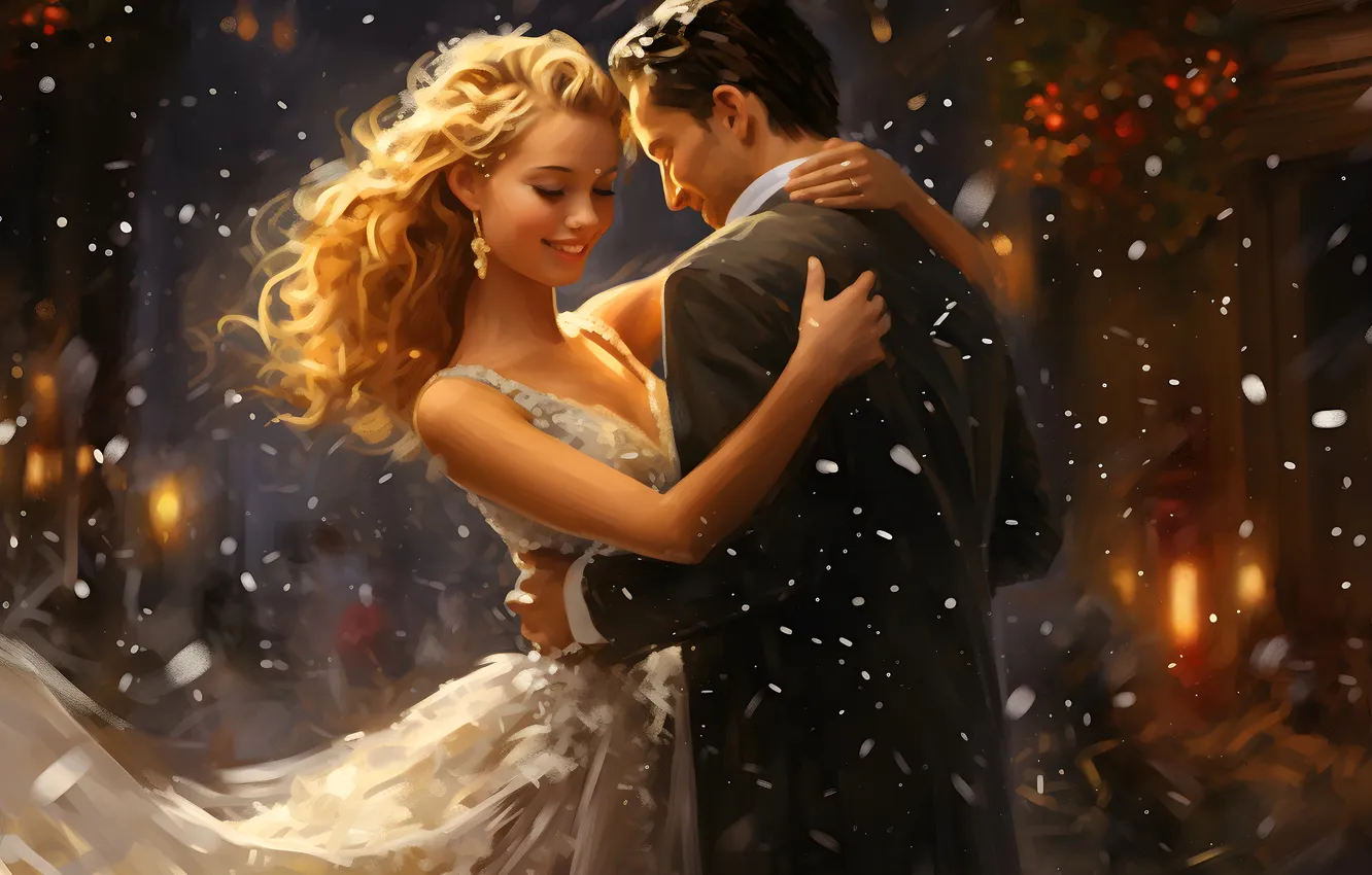 Photo wallpaper girl, joy, smile, new year, dress, Christmas, guy, two