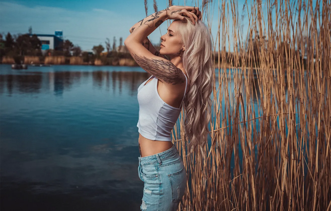 Photo wallpaper girl, lake, the reeds