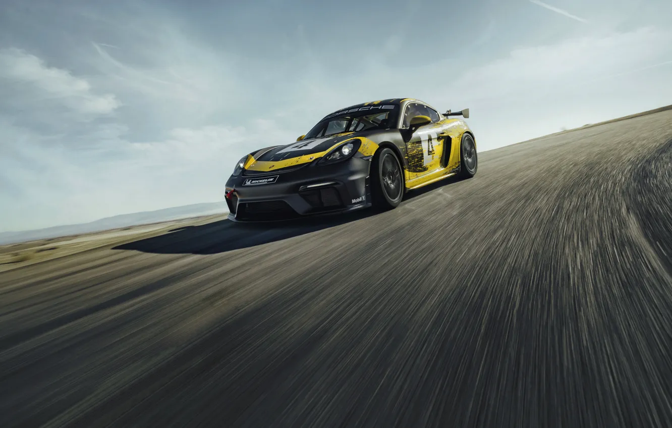 Photo wallpaper asphalt, coupe, Porsche, Cayman, 718, 2019, black-yellow, GT4 Clubsport