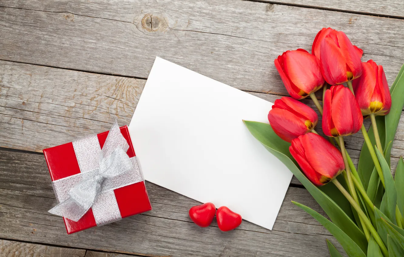 Photo wallpaper flowers, red, gift, bouquet, tulips, red, wood, flowers