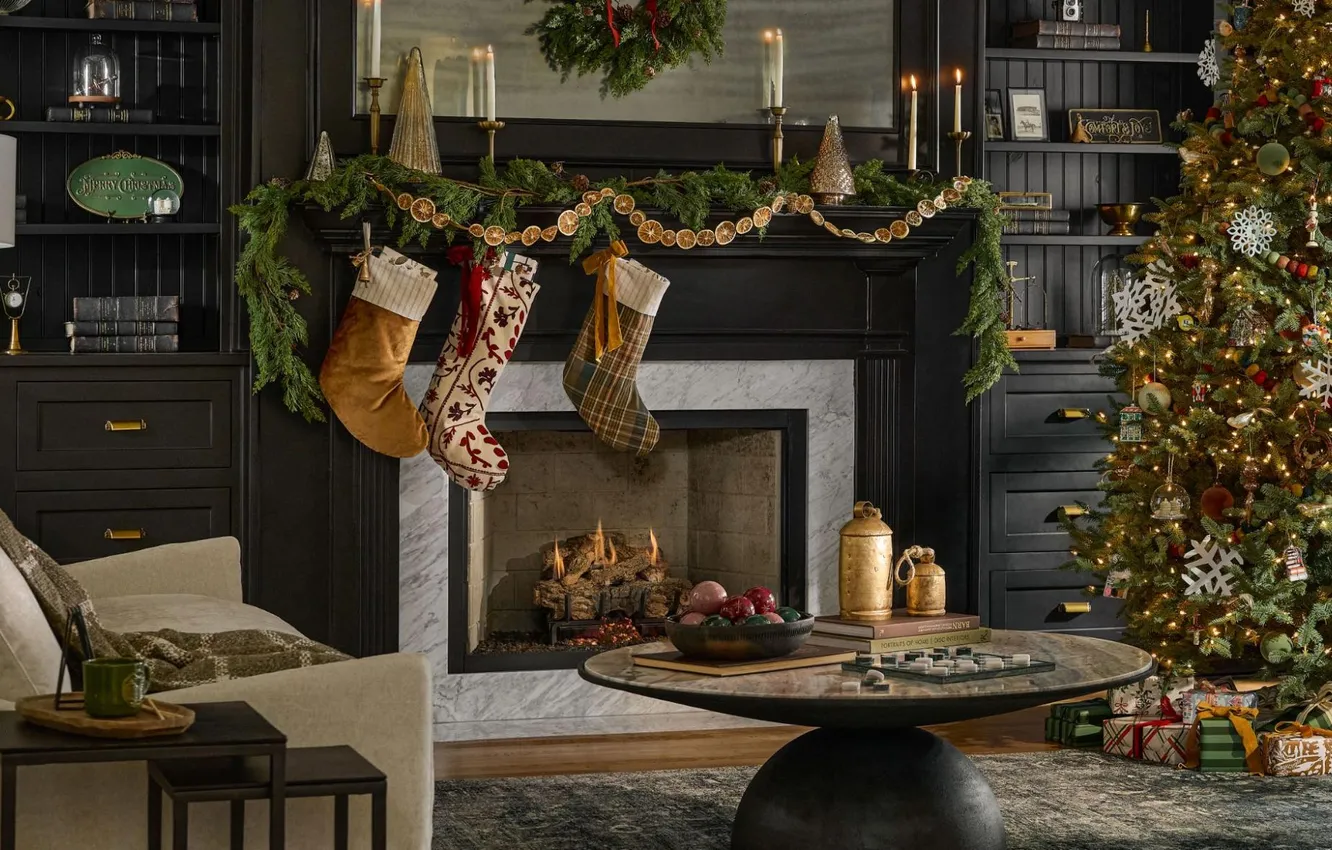 Photo wallpaper decoration, lights, heat, room, gift, tree, new year, chair