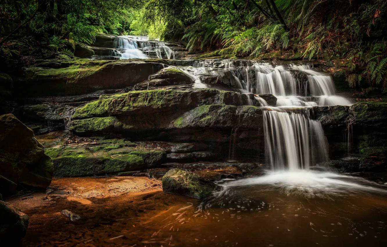 Photo wallpaper the dark background, stones, rocks, waterfall, cascade