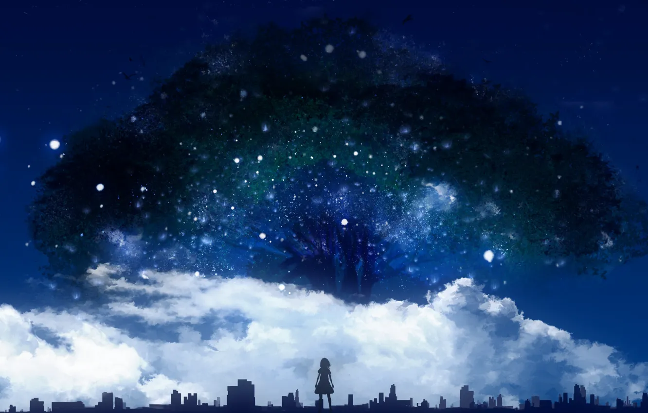 Photo wallpaper the sky, girl, clouds, night, tree, Y_Y