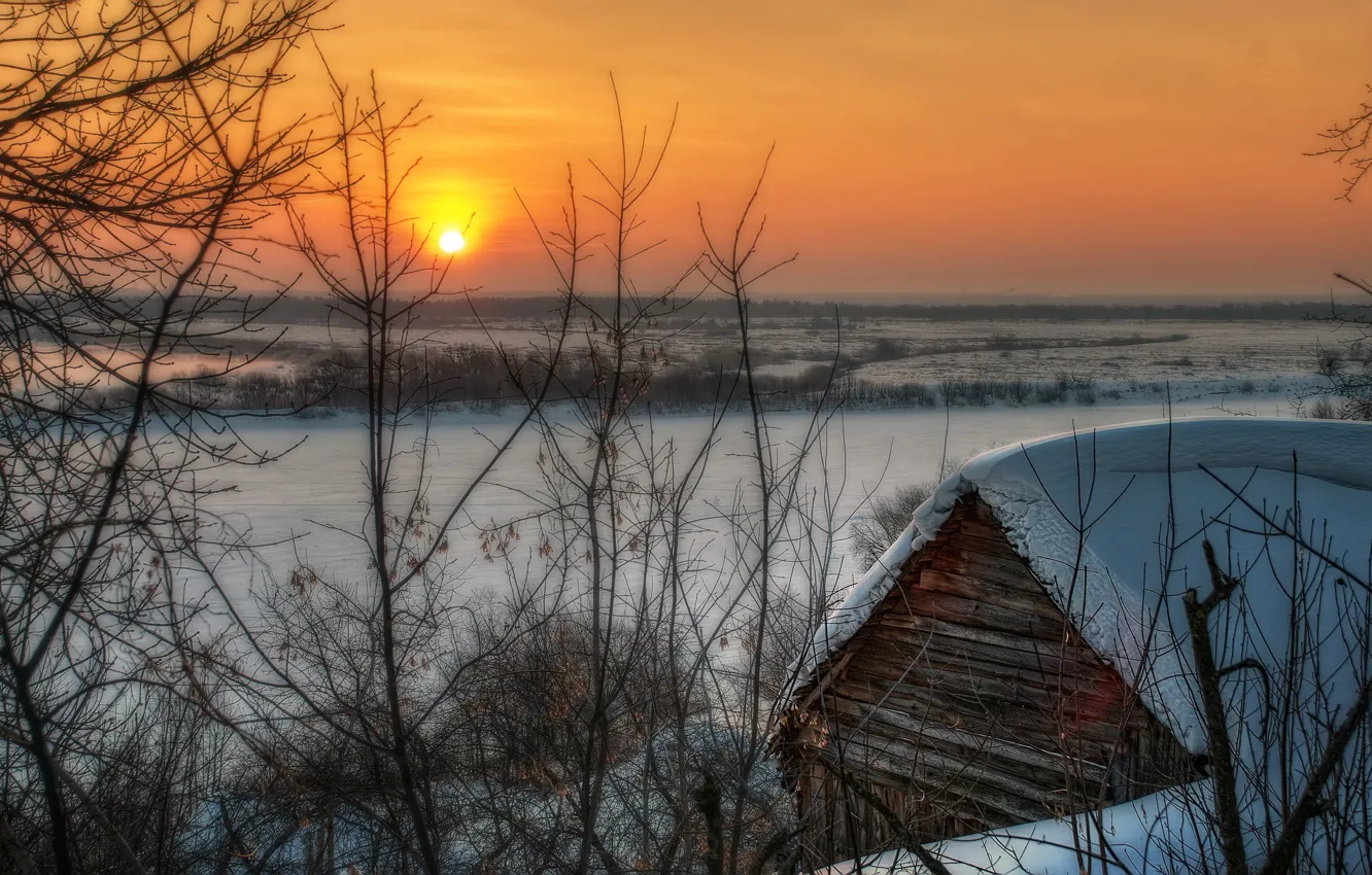 Photo wallpaper winter, snow, landscape, sunset, home
