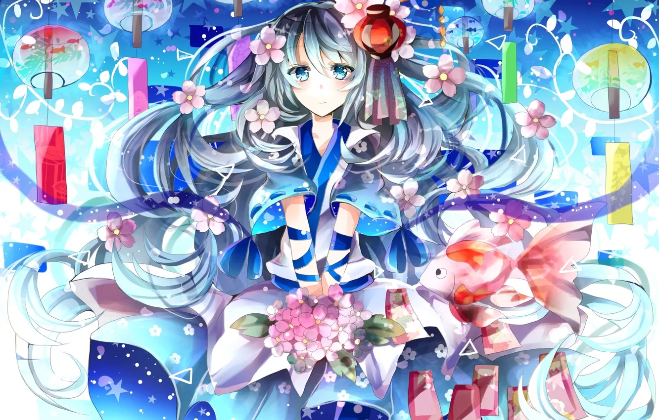 Photo wallpaper girl, fish, flowers, smile, bouquet, anime, art, flashlight