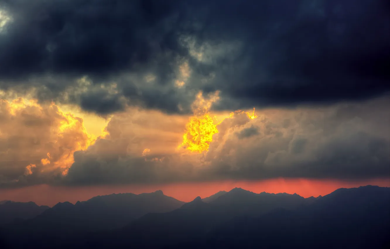 Photo wallpaper the sun, clouds, sunset, mountains, lights, silhouette