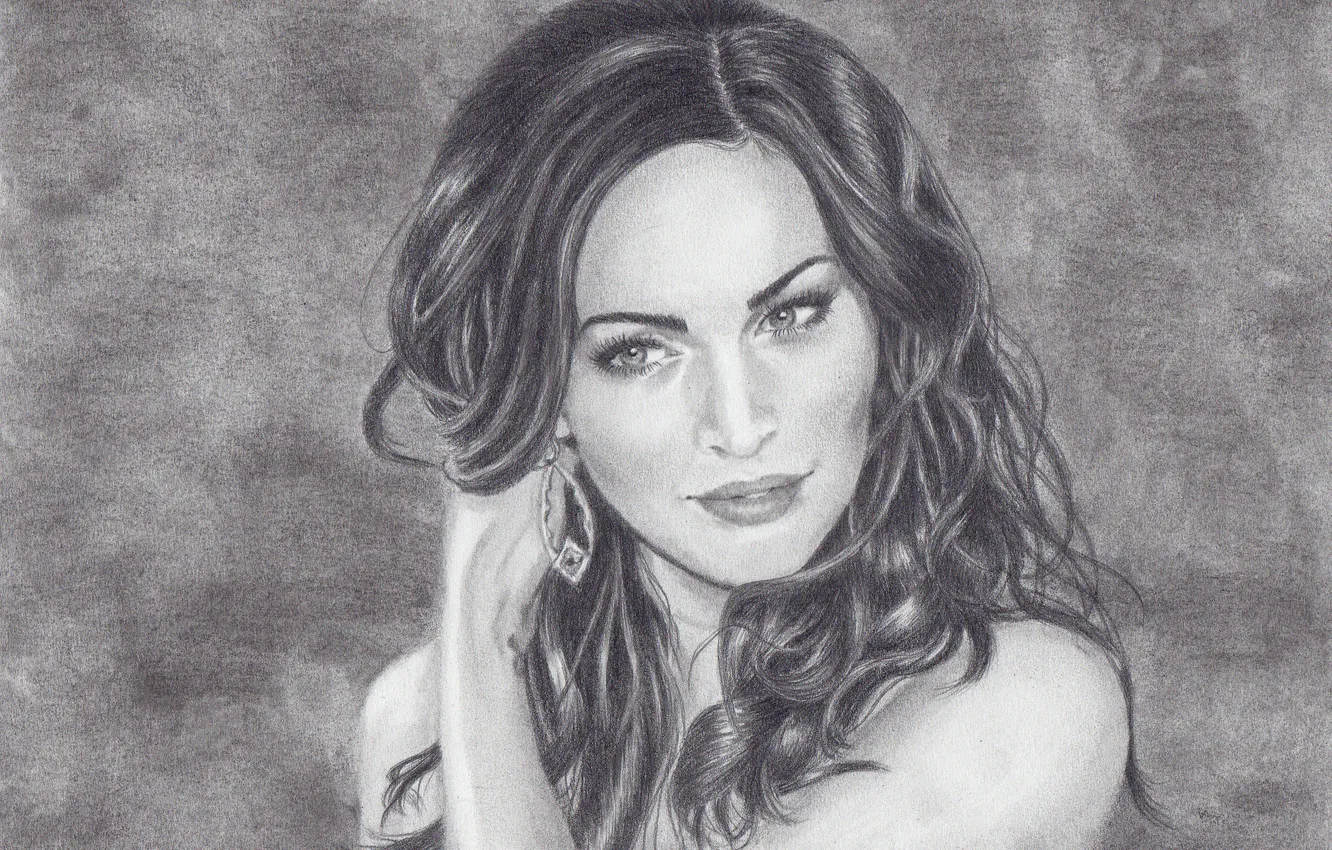 Photo wallpaper face, Megan Fox, hair, earrings, pencils, art