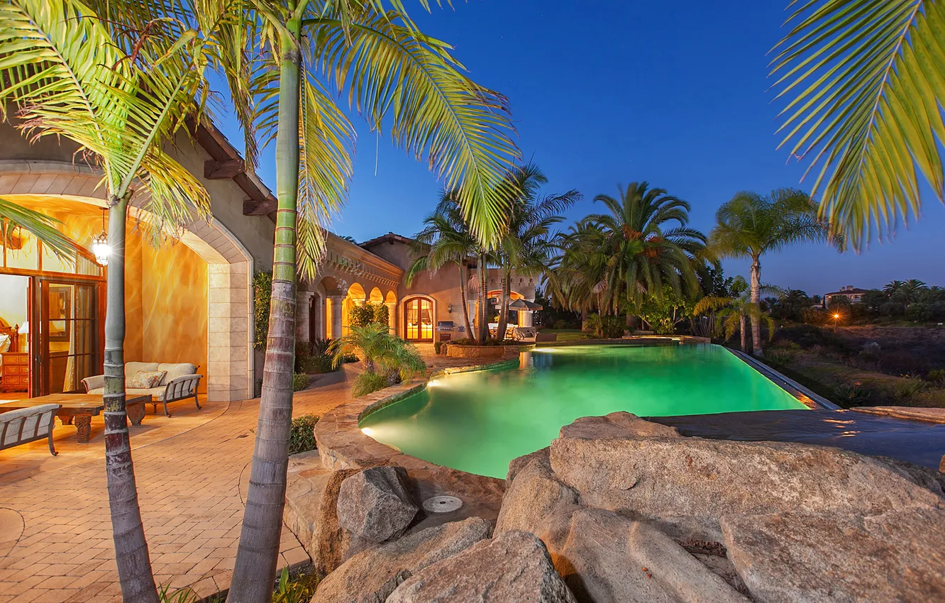 Photo wallpaper pool, villa, luxury, palm, ranch