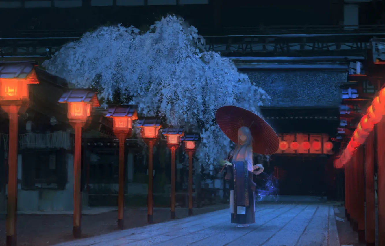 Photo wallpaper girl, night, Japan, Sakura, track, Japanese clothing, the red lanterns, wooden house