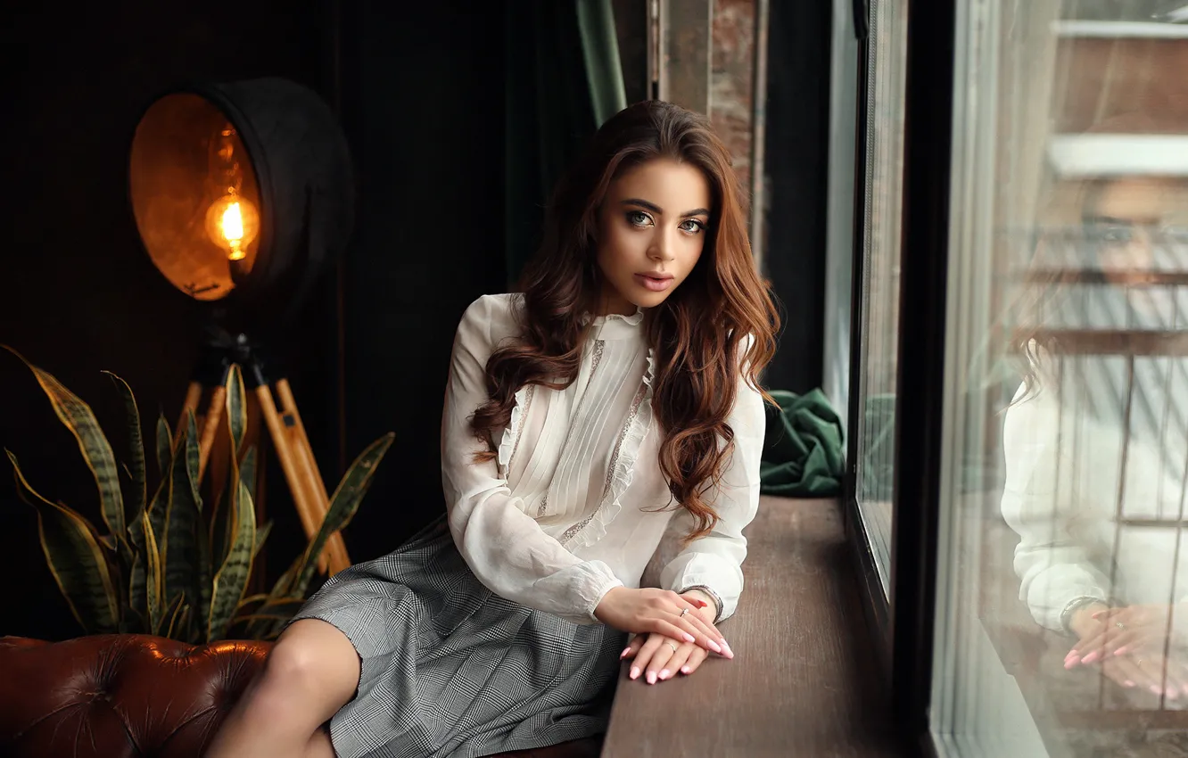 Photo wallpaper look, girl, pose, Catherine, window, blouse, spotlight, Dmitry Arhar