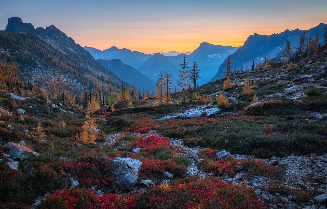Photo wallpaper autumn, mountains, stones, vegetation