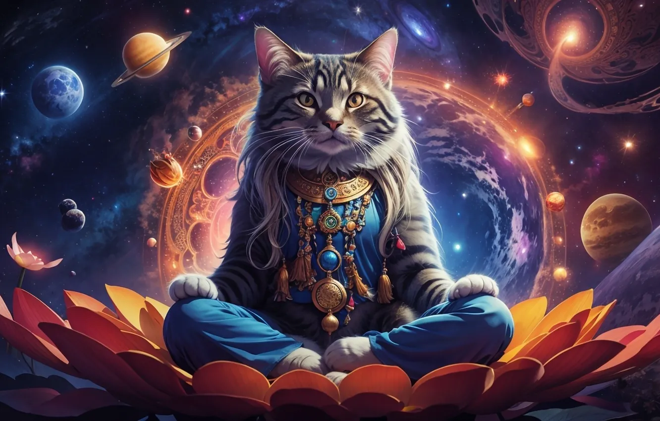 Photo wallpaper cat, cat, space, decoration, flowers, planet, meditation, Lotus