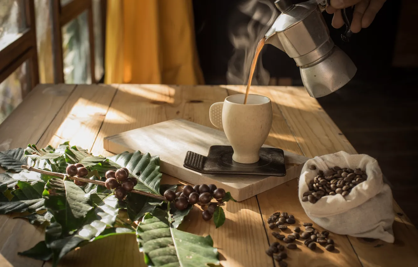 Photo wallpaper leaves, light, branches, berries, table, Board, people, coffee